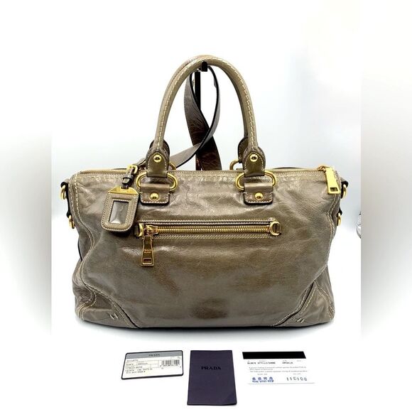 Auth PRADA Vitello Shine Bauletto Leather Tote Bag in Pomice Preloved Very Good - Picture 8 of 15
